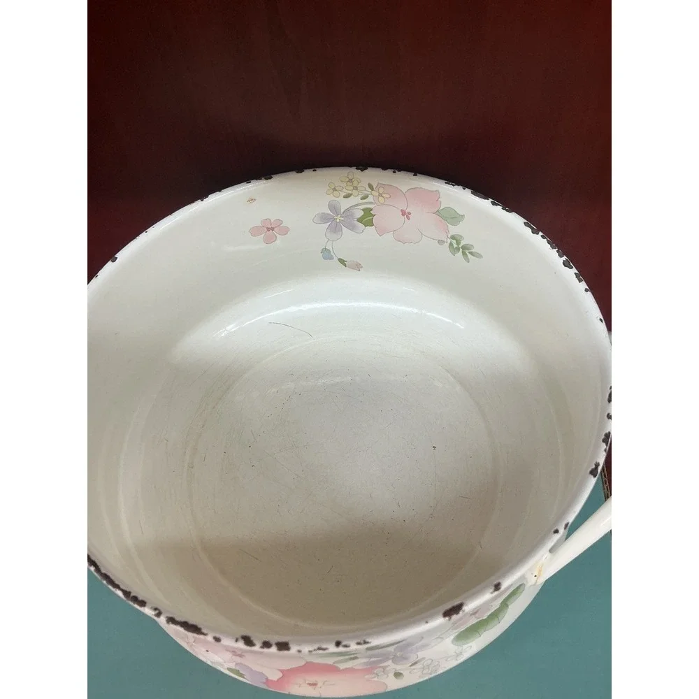 Kobe Cookware Japan Enamel Floral Stockpot Casserole Dish with Lid Vintage White